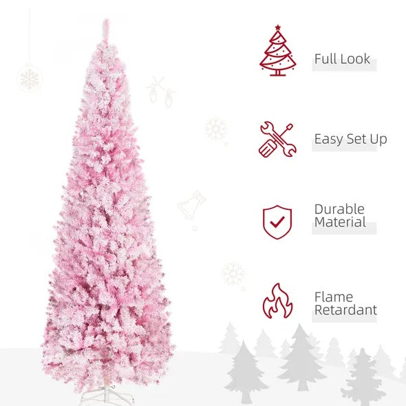 US Local 7.5' Tall Unlit Snow Flocked Artificial Christmas Tree Slim Pencil Xmas Tree With Pine Shape And Realistic Branches, Pink