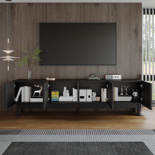 UK Local TV Cabinet With Curved, Wave-Shaped Doors, Shelves, And TV Stand With Stabilizing Legs