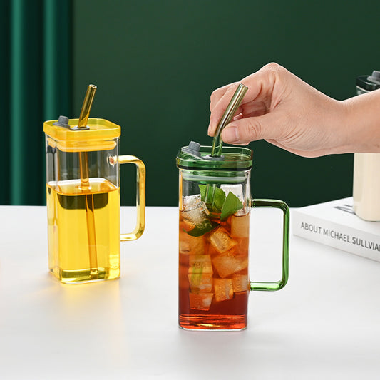 US Local 6 Pcs Glass Straw Cup, 6 Colors Square Glass Cup With Straw And Lid, High Borosilicate Glass Cup, Milk Cup, Juice Cup, Cold Drink Cup, Coffee Cup, Tea Cup, Office Cup, Gift Cup