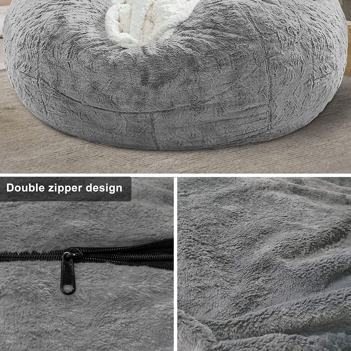 USA Local Bean Bag Chair Coverit Was Only A Cover, Not A Full Bean Bag Chair Cushion, Big Round Soft Fluffy PV Velvet Sofa Bed Cover, Living Room Furniture, Lazy Sofa Bed Cover,6ft Light Grey