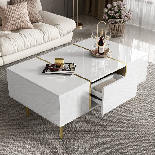 UK Local White High-gloss Coffee Table, Modern And Simple, With 2 Drawers