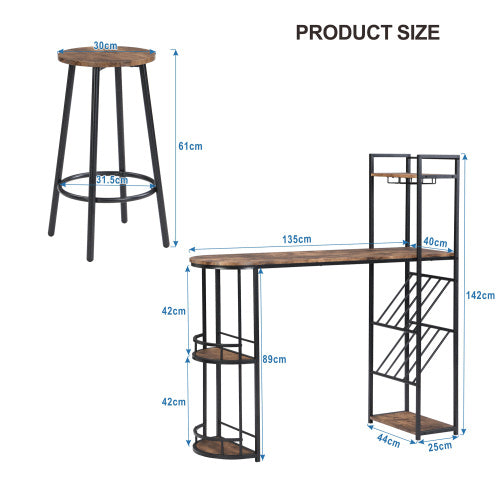 UK Local Industrial Bar Table Set With 2 Chairs, Counter Height Kitchen Dining Table, Wine Rack, And Side Storage, Rustic Brown
