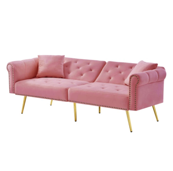 UK Local Modern 2-Seater Sofa Bed Velvet Upholstery, 3 Stage Adjustable Backrest Gold Plated Metal Feet Stylish Sofa With Sleeping Function Space-Saving Durable Ideal For Small Spaces