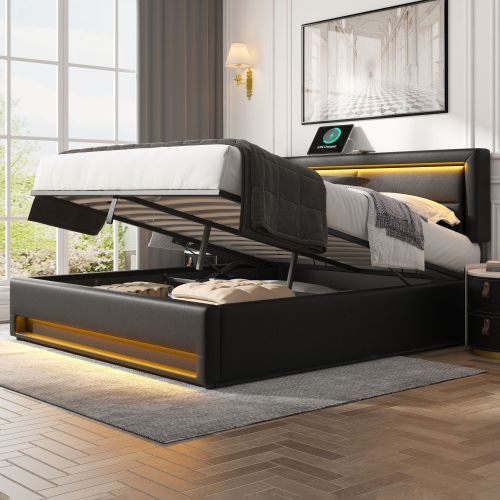 UK Local Upholstered Bed 150 X 200 Cm, King Size Bed-5ft,with USB Port Supports Wireless And Wired Charging, With LED Lighting And Storage Space, Without Mattress, PU Lychee Pattern, Black