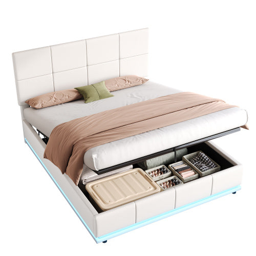 UK Local Ottoman Double Bed With LED Lighting, PU Leather Upholstered Bed With Hydraulic Storage, 4ft6 Double Bed Frame With Adjustable Square Tufted Headboard, Cream White