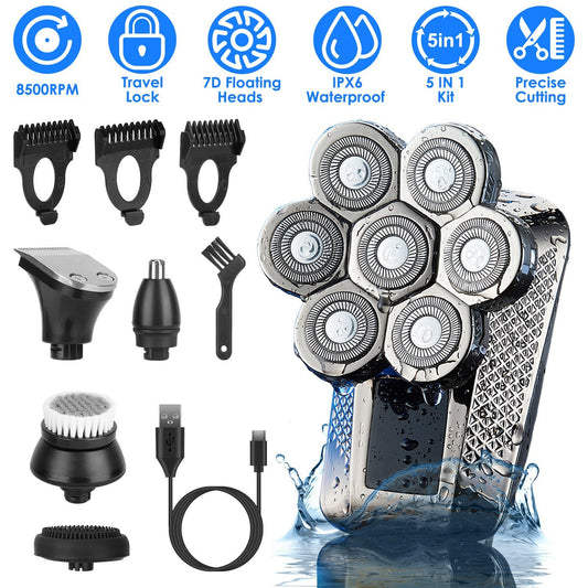 US Local 1Pc Head Shavers For Bald Men 5 In 1 7D Electric Rotary Razor Rechargeable Cordless Head Beard Trimmer Shaver Kit IPX6 Waterproof Dry Wet Grooming Kit With 3 Combs