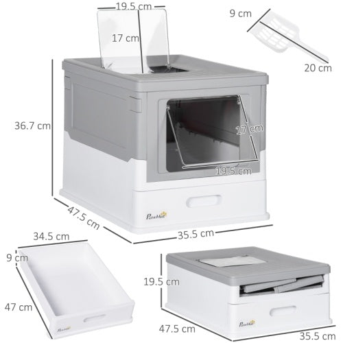 UK Local PawHut Hooded Cat Litter Box, Portable Pet Toilet, With Scoop, Front Entry - Grey