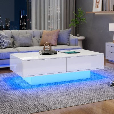 UK Local White High Gloss LED Coffee Table, Tea Table With 16 Colors LED Lights, Coffee Table With 2 Drawers Rectangular Table For Office, Store And Living Room