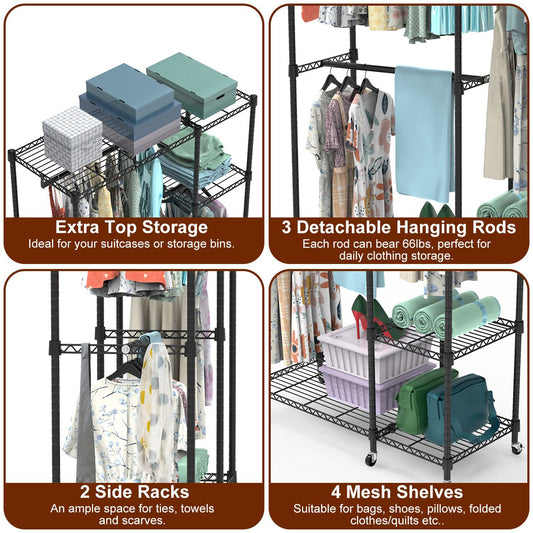 US Local 1Pc 4 Tier Heavy Duty Garment Rack With Wheels Carbon Steel Clothing Rack Portable Wardrobe Clothes Rack With 3 Hanging Rods 6 Footrests 44.9x17.13x77.95in
