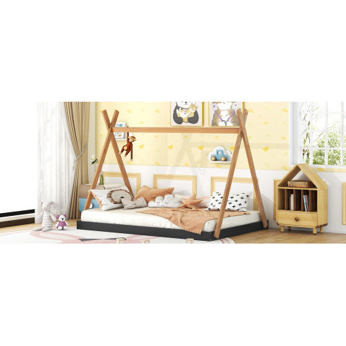 US Local Full Size Tent Floor Bed With Triangle Structure, Black Brown