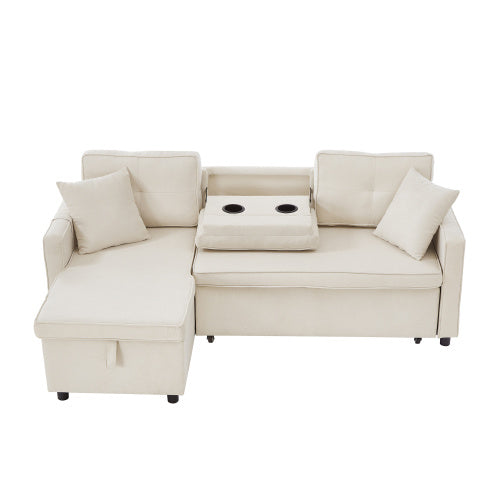 UK Local L-Shaped Pull Out Sleep Sofabed, Modern Reversible Sleeper Sectional Sofa, 3 In 1 Convertible Sofa Bed With Storage Chaise, Drop-Down Table, Cup Holders And Charging Ports