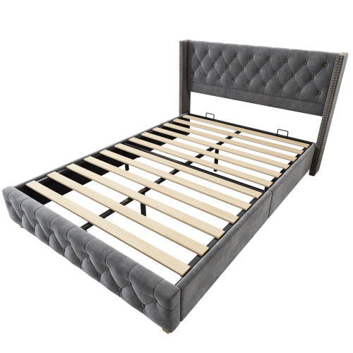 UK Local Upholstered Bed,Double Bed-4ft6 135x190cm,With Slatted Frame And Headboard, Button Upholstery, Rivet Upholstery, Wooden Legs, Velvet, Grey