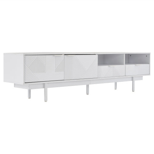 UK Local Modern Bohemian TV Cabinet, White Geometric Lines TV Stand, TV Entertainment Center With Storage Space, 200X40X51 Cm, Modern TV Stand For 90 Inch TVs, Console Media Cabinet For Living Room