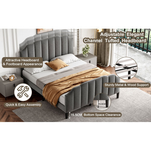 UK Local 4ft6 Double Upholstered Bed Frame With Adjustable Chic Channel-Tufted Headboard, Velvet Platform Bed Frame With Solid Wood Slat And Mute Foam, No Box Spring Needed, Easy Assembly, Grey No Mattress