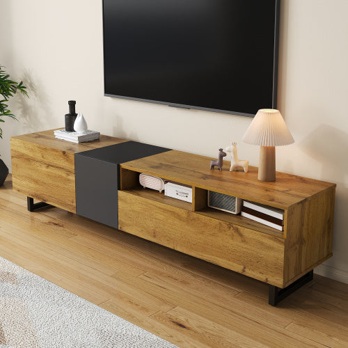 UK Local Colorblock TV Cabinet, Simple Contrasting Color Design, Three Doors And Two Compartments, U-Shaped Metal Legs, Retro Wood Grain
