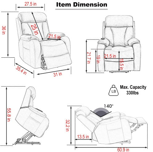 Electric Power Lift Recliner Chair For Elderly, Fabric Recliner Chair For Seniors, Home Theater Seating,Living Room Chair,Side Pocket, Remote Control,Light Gray