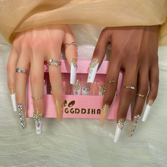 US Local GGDDSHA Nails Press On Nails Medium Fake Nails FalseNails With 3D Flower Designs Nail Press Ons French TipHandmade Acrylic Artificial Nails Summer Natural Stick OnNails For WomenOpal Whisper