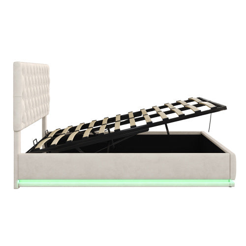 UK Local Double Ottoman Bed With LED Lighting, Velvet Upholstered Bed With Hydraulic Storage, 4ft6 Double Bed Frame With Handmade Button Tufted Adjustable Headboard, No Box Spring Needed, Beige No Mattress