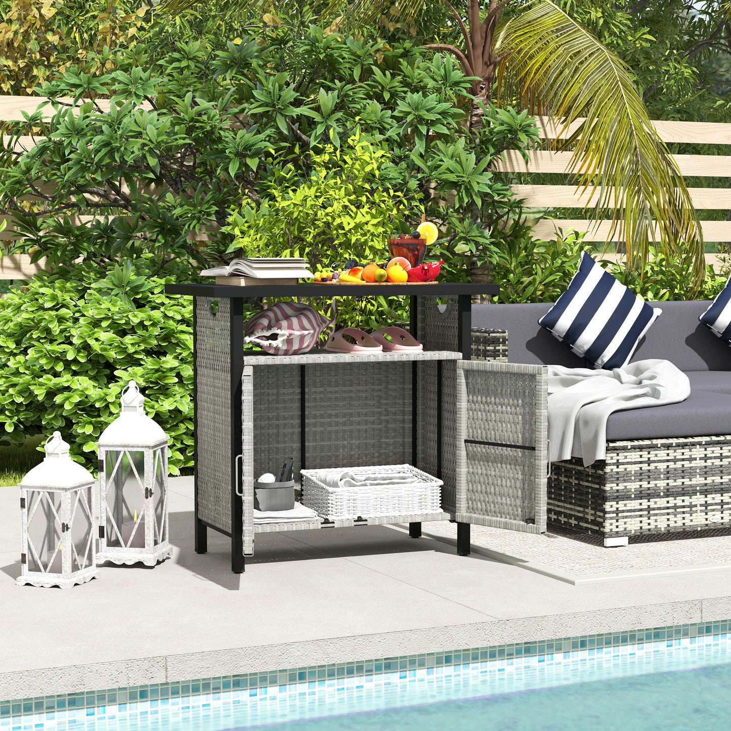 Outdoor Pool Towel Storage Cabinet Organizer, Outdoor Bar Table With Shelf And Cabinet, Pool Towel Holder Pool Valet With Weather-Resistant PE Rattan And Steel Frame, Gray