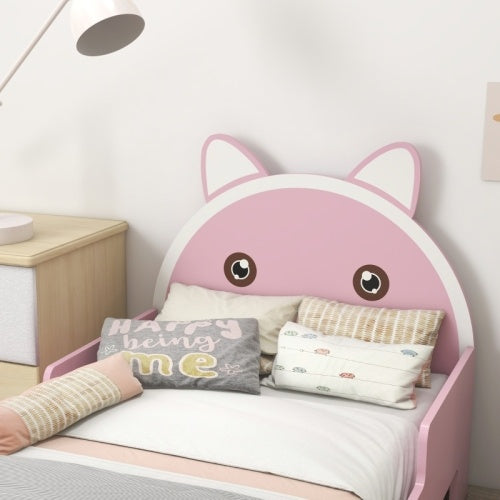 UK Local ZONEKIZ Bed For Kids Cat Design Toddler Bed Frame Bedroom Furniture With Guardrails, For 3-6 Years, 143L X 74W X 72Hcm - Pink