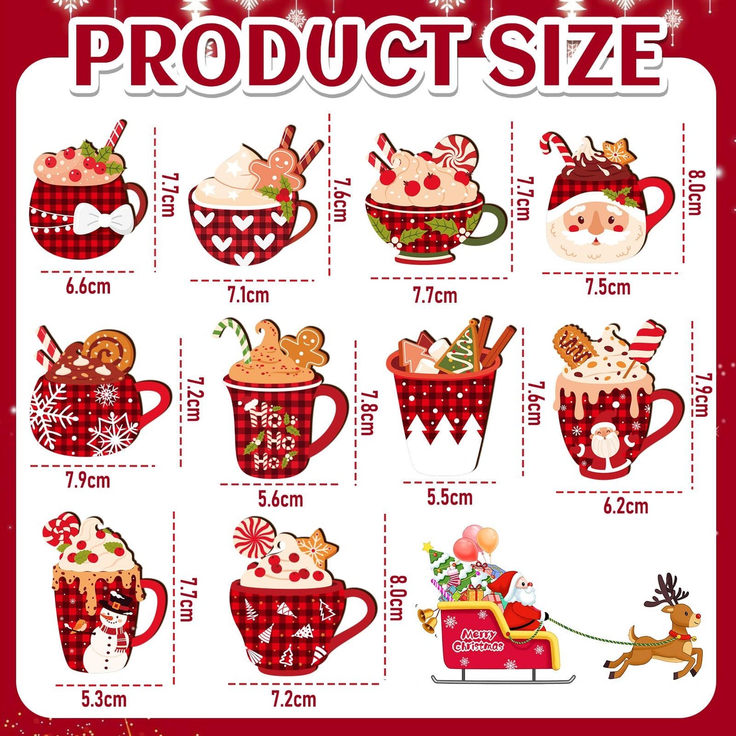 US Local 50 Pieces Christmas Wooden Ornaments Hot Cocoa Blanks Pendants Unfinished Predrilled Wood Buffalo Plaid Coffee Mug Slices Hanging For Xmas Festivals DIY Crafts Decoration, 10 Styles