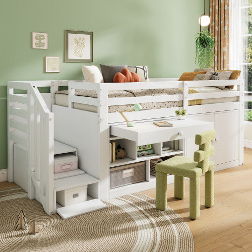 UK Local Multifunctional Wooden Children's Bed With Stairs And Storage Space, Stairs Cabinets Interchangeable On The Left And Right, Drawers Reversible And Usable As A Desk, Without Mattress, 90x190, White