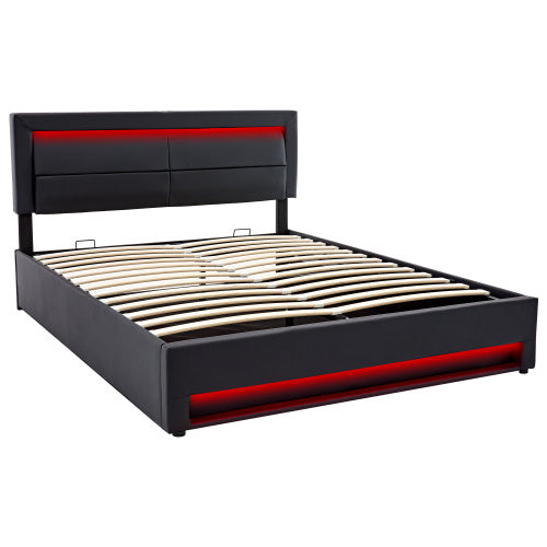 UK Local Upholstered Bed 150 X 200 Cm, King Size Bed-5ft,with USB Port Supports Wireless And Wired Charging, With LED Lighting And Storage Space, Without Mattress, PU Lychee Pattern, Black