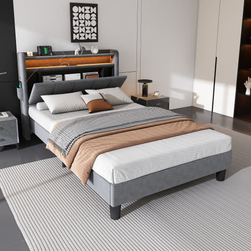 UK Local Upholstered Bed, 3FT Single Bed 90x190cm, Lower Flap Door Storage, With LED Light Strip, 3 USB Port 1 Type C, Durable And Sturdy, Youth Bed, For Adults Teenagers, Velvet, Grey