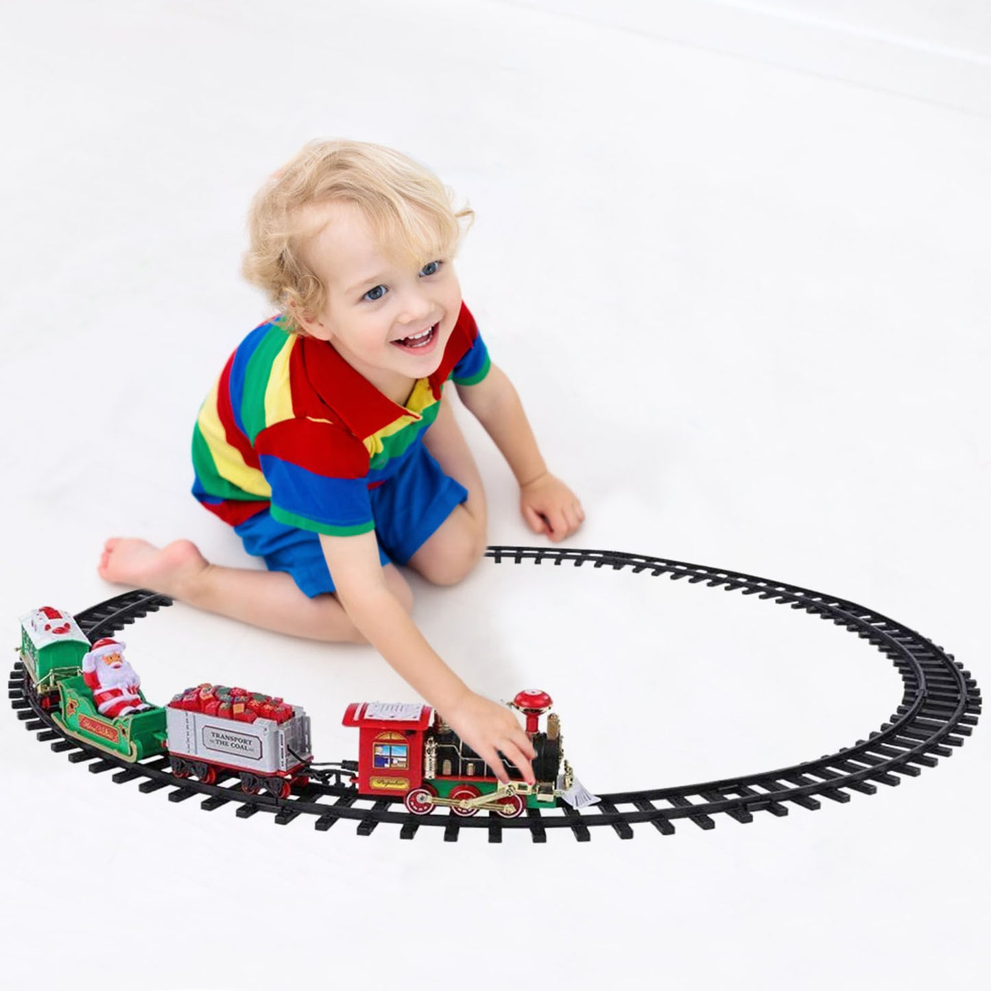 US Local Electric Train Set Kid Toy Xmas Steam Train Kit Tree Surround Track Battery Operated With Sound Light Santa Claus Christmas Gift