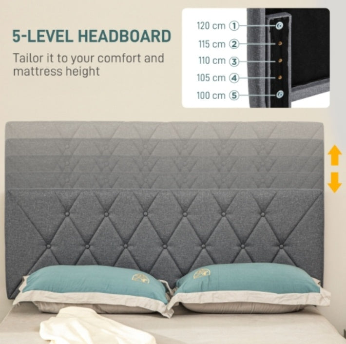 UK Local HOMCOM King Size Padded Fabric Headboard Bed Frame - Grey