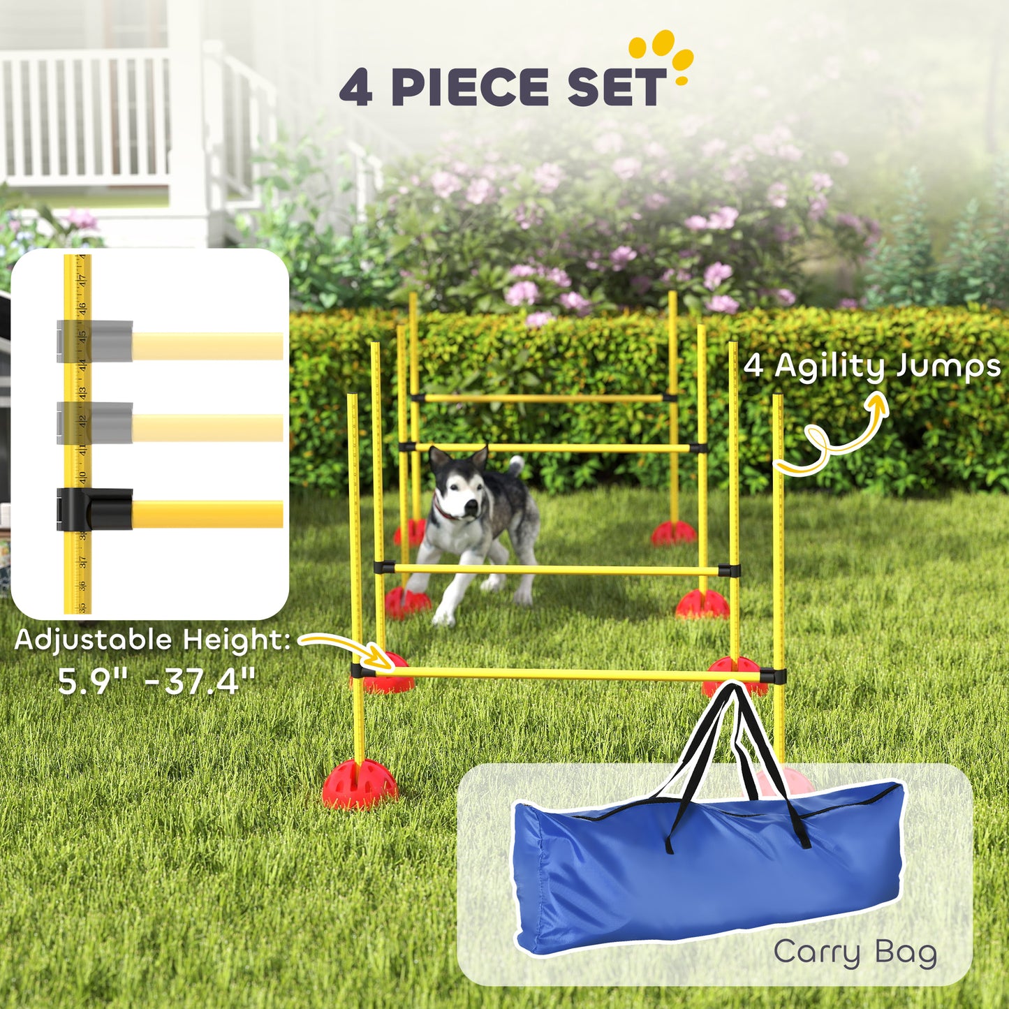 US Local 4 Piece Dog Agility Course Set With 4 Height Adjustable Dog Agility Jumps, Carry Bag, Yellow