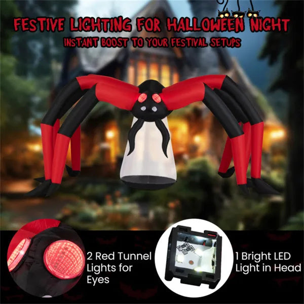 10ft Wide 5ft Tall Giant Halloween Inflatable Spider - LED Head Light 2 Red Eye Tunnel Lights, Black Red Color