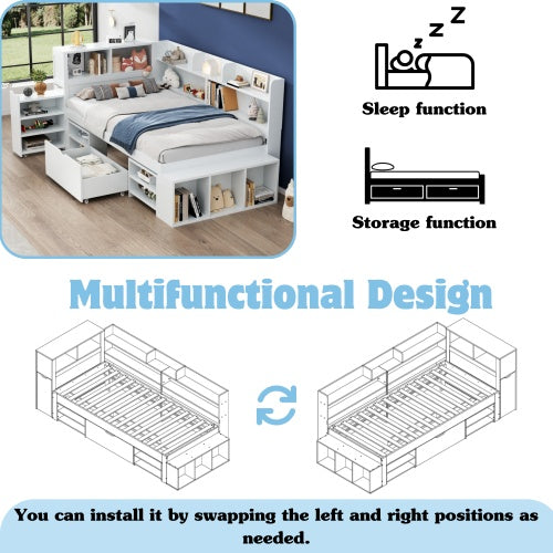 UK Local Children's Bed, Single Bed-3ft 90x190cm, Single Bed, Multifunctional Children's Bed With Drawers, Bookcase And Storage Cupboard, Large Storage Space, Slatted Frame, Without Mattress, White