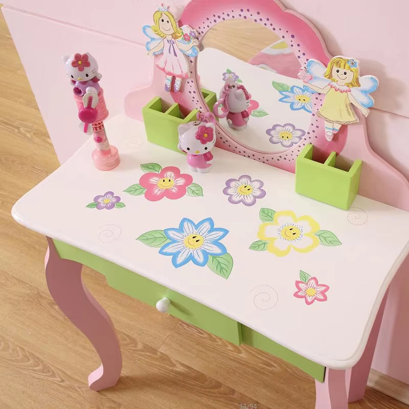 US Local Princess Vanity Make Up Table Wooden Dressing Table With Mirror And Stool For Kids