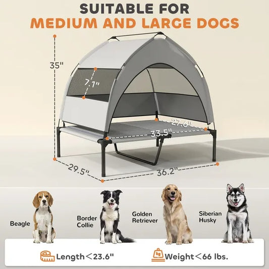 US Local Elevated Dog Bed With Removable Canopy, Portable Outside Raised Pet Cot With Cooling Pad, Storage Bag