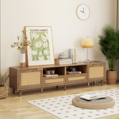 UK Local TV Console Table, Up To 90 Inches TV, TV Cabinet With Plastic Rattan Design, TV Cabinet With Solid Wooden Feet, Braided Rattan TV Boards