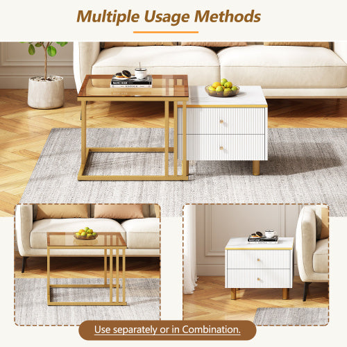 UK Local Coffee Table Set Of 2, Nesting Coffee Table With Marble Pattern, Modern Gold Nesting Side Table, Coffee Table With Drawer, Metal Frame Square End Table, Center Tables For Living Room,Bedroom And Small