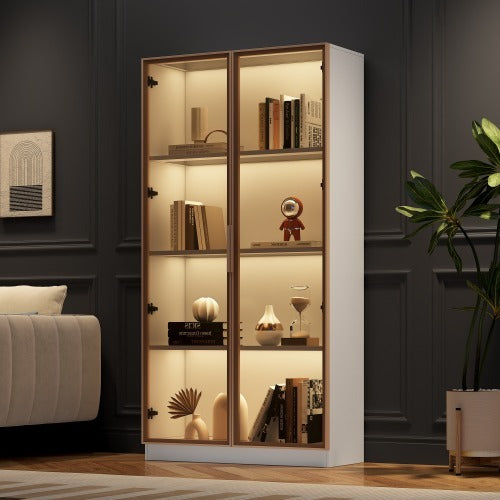 UK Local LED Display Cabinet, Clear Display Case For Figures, Storage Shelves With Tempered Glass Door, Storage Cabinet Floor Standing Transparent Showcase 160x80x40 Cm White