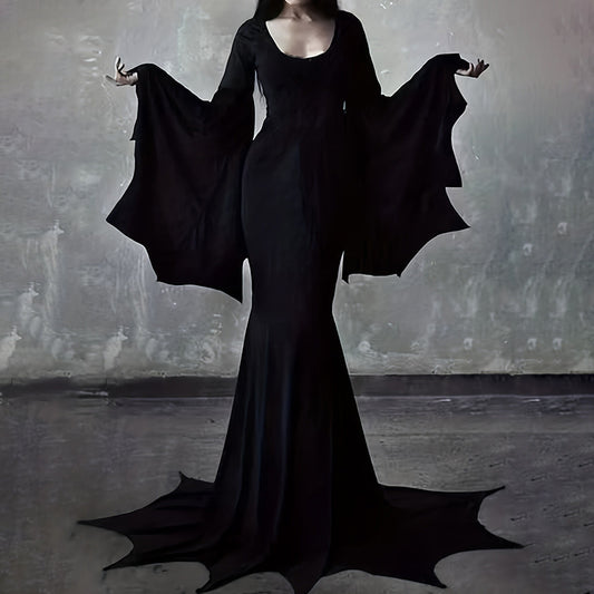 US Local Black Costume Womens Gothic Witch Bat Sleeve Dress Halloween Cosplay Costumes Vintage Carnival Party Outfit