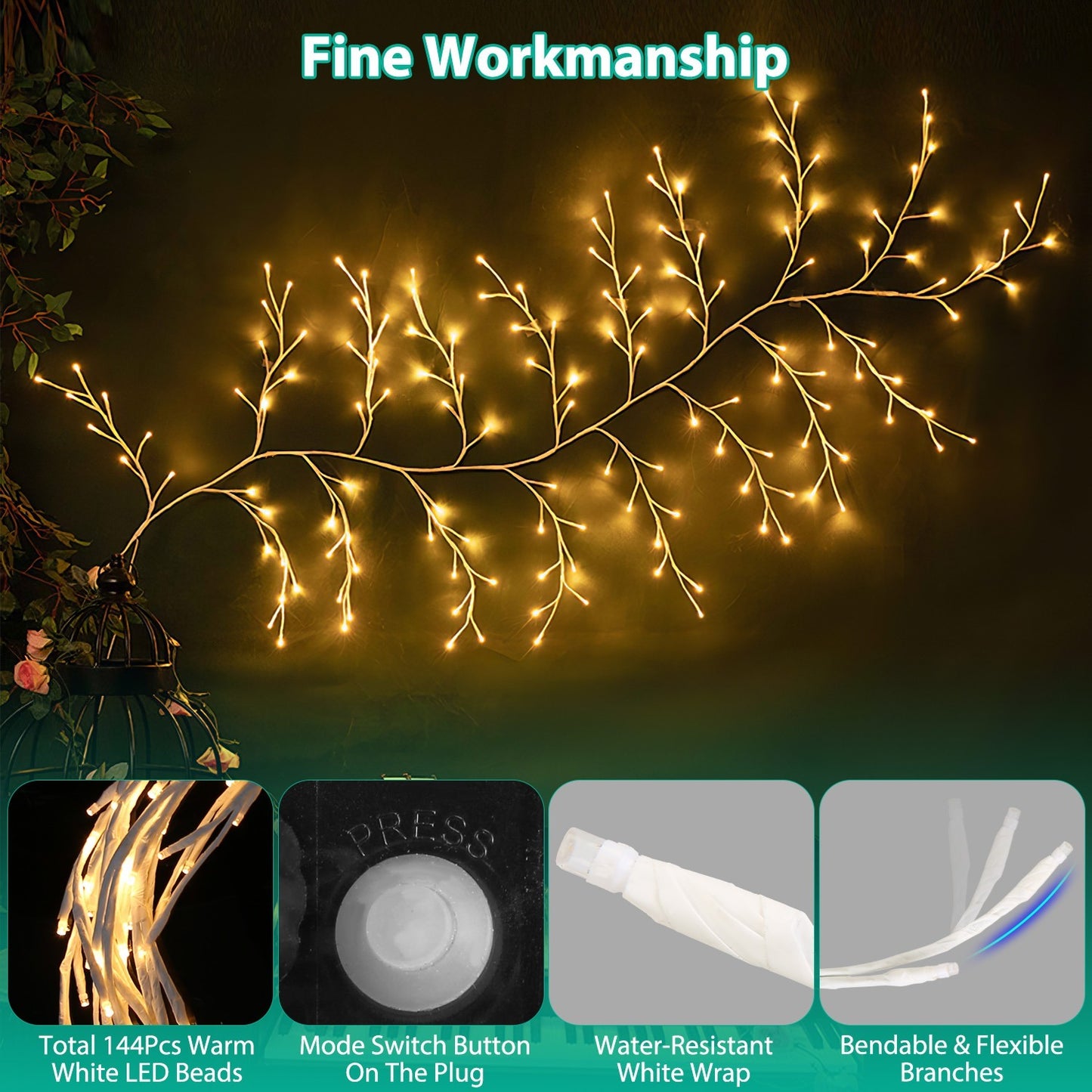US Local 1Pc 7.87FT Lighted Birch Garland Lighted Twig Vine Lights 144LED Birch Garland With Lights String Light With Timer 8 Modes IP45 Waterproof For Christmas Fireplace Home Decoration