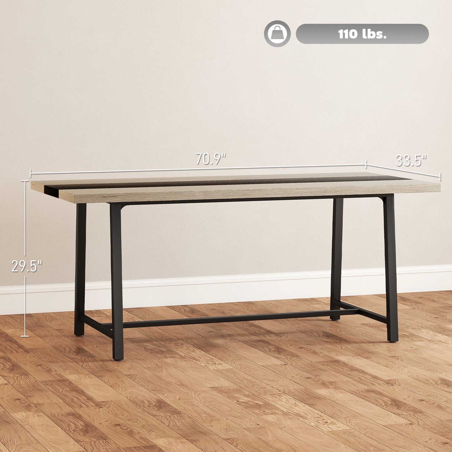 US Local Industrial Kitchen Table For 8 People, 70.9 Long Dining Table With Large Tabletop And Steel Legs For Dining Room, Gray