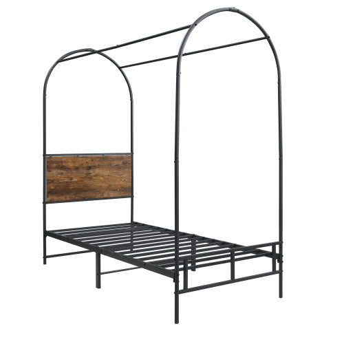 UK Local Metal Bed, 3FT Single Bed 90x190cm, Durable And Sturdy, Canopy Twin Bed, Iron Bed For Adults Teenagers, Blackwood Color Bed Frame Only, Drape Not Included