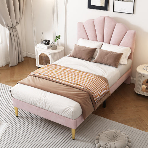 UK Local Velvet Upholstered Bed,Single Bed-3ft 90x190cm, Shell-like Bed With Golden Iron Legs, Height-adjustable Headboard, Wooden Slatted Frame