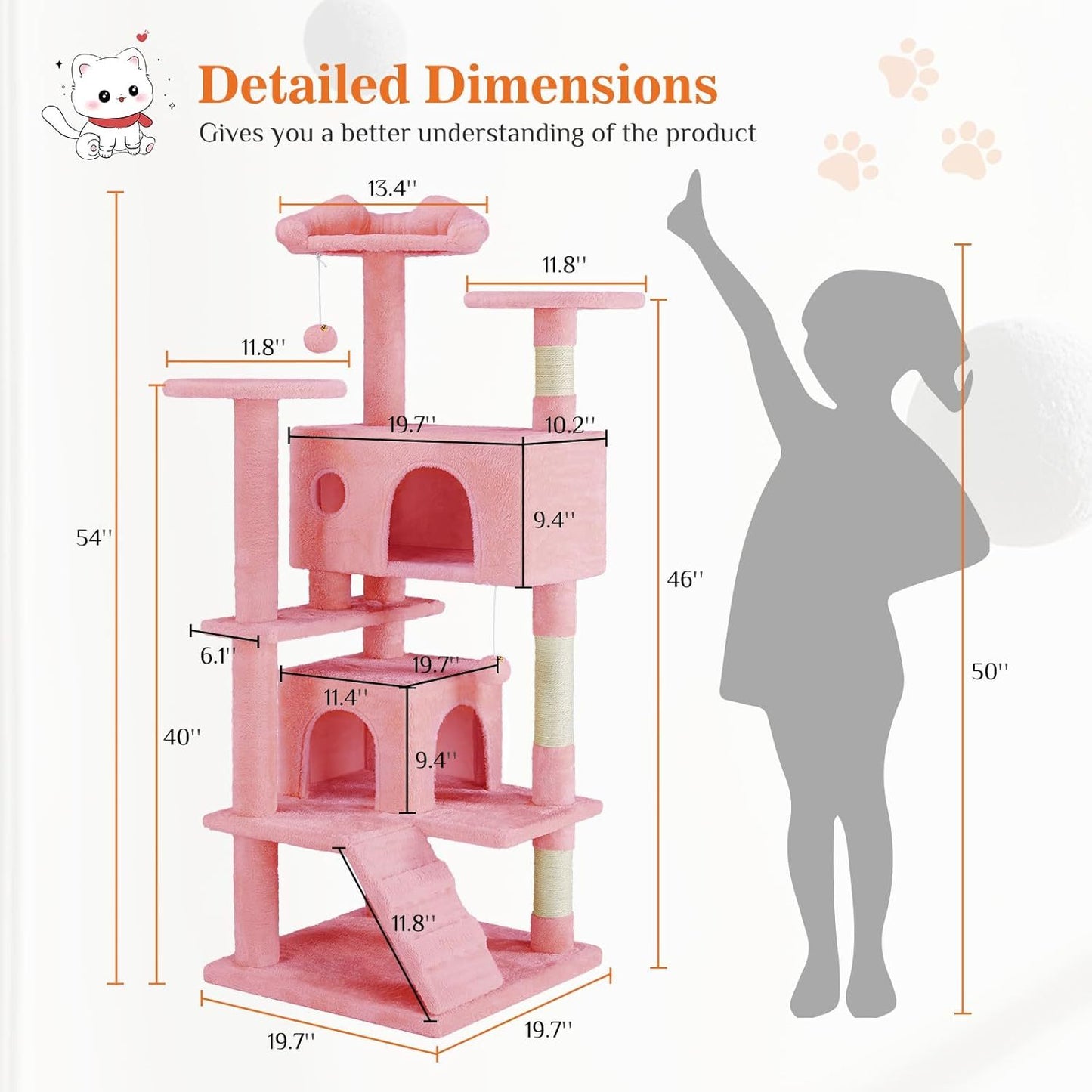 US Local 54 -Cat Tree Tower - Multi-level With Sisal Grab Post, Indoor Apartment With Ladder, Plush Toys, Rest And Play