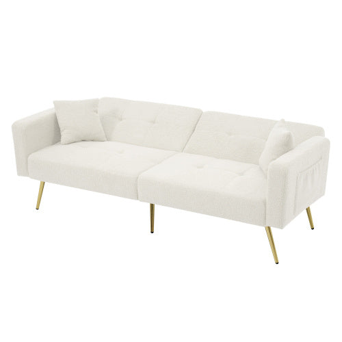 UK Local The Sofa Bed Has A Bed Function, Three Adjustable Backrest Angles, Gold Legs, Cushions And Side Storage Pockets.