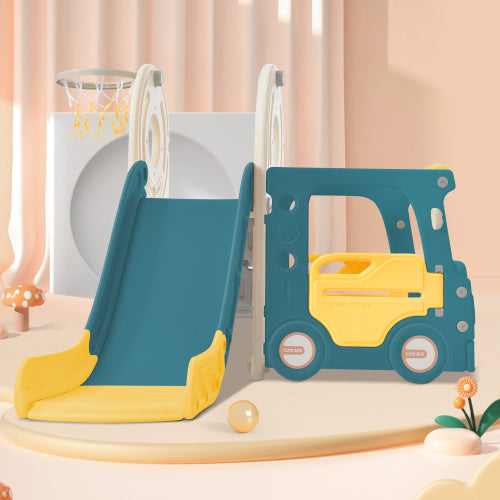 UK Local Children's Slide. 4-in-1 Kids Slide Set Including Bus, Slide, Activity Ladder, Basketball Hoop And Matching Basketball. Made Of High Density Polyethylene.