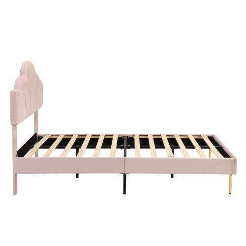 UK Local Velvet Upholstered Bed,Double Bed 4ft6 135x190cm, Shell-like Bed With Golden Iron Legs, Height Adjustable Headboard, Wooden Slatted Frame,