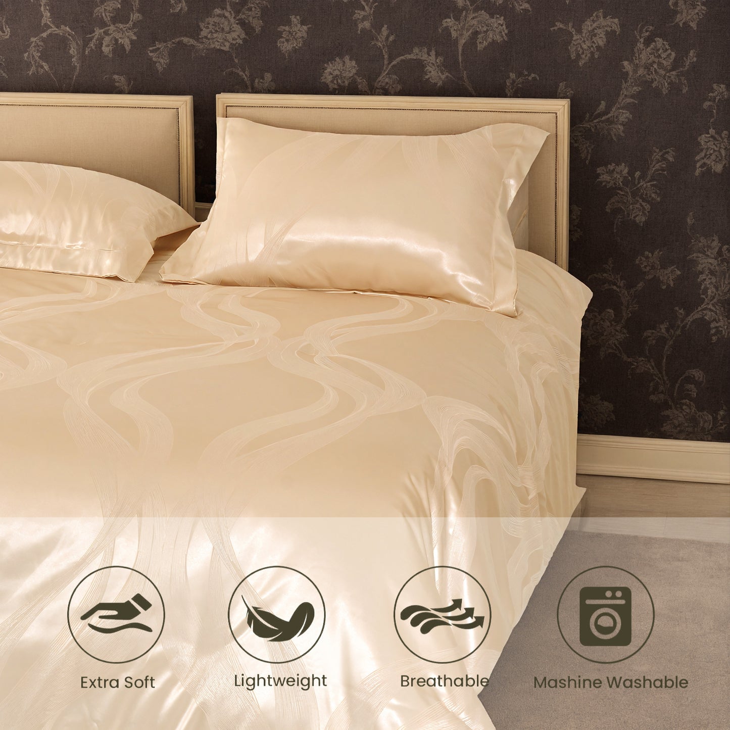 US Local Luxurious Satin Microfiber Bedding Set Double-sided Jacquard Pattern, Italian Style Gold Ultra-shine Quilt Cover Three-piece Set, Super Soft King-size Quilt Cover With Pillowcase, Machine Washable, OK