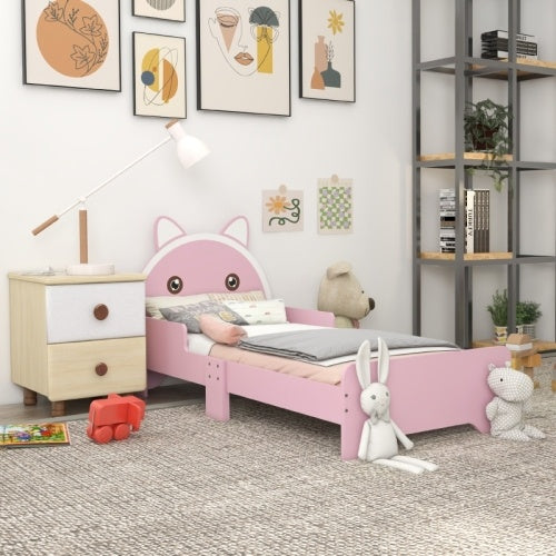 UK Local ZONEKIZ Bed For Kids Cat Design Toddler Bed Frame Bedroom Furniture With Guardrails, For 3-6 Years, 143L X 74W X 72Hcm - Pink