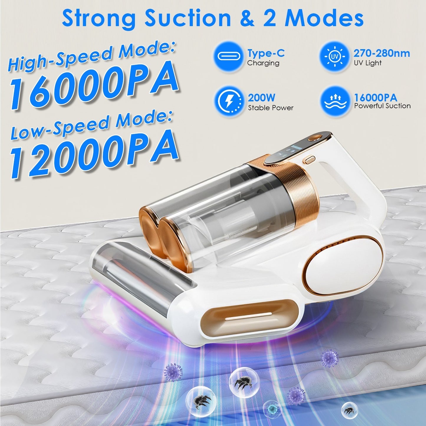 US Local 1Pc Mattress Vacuum Cleaner 16Kpa Bed Vacuum Cleaner Handheld Vacuums With Ultrasonic And UVC Light 18000 RPM Brushroll Rotation Dual Dust Bins Washable Filters For Bed Pillows Cribs Sofa